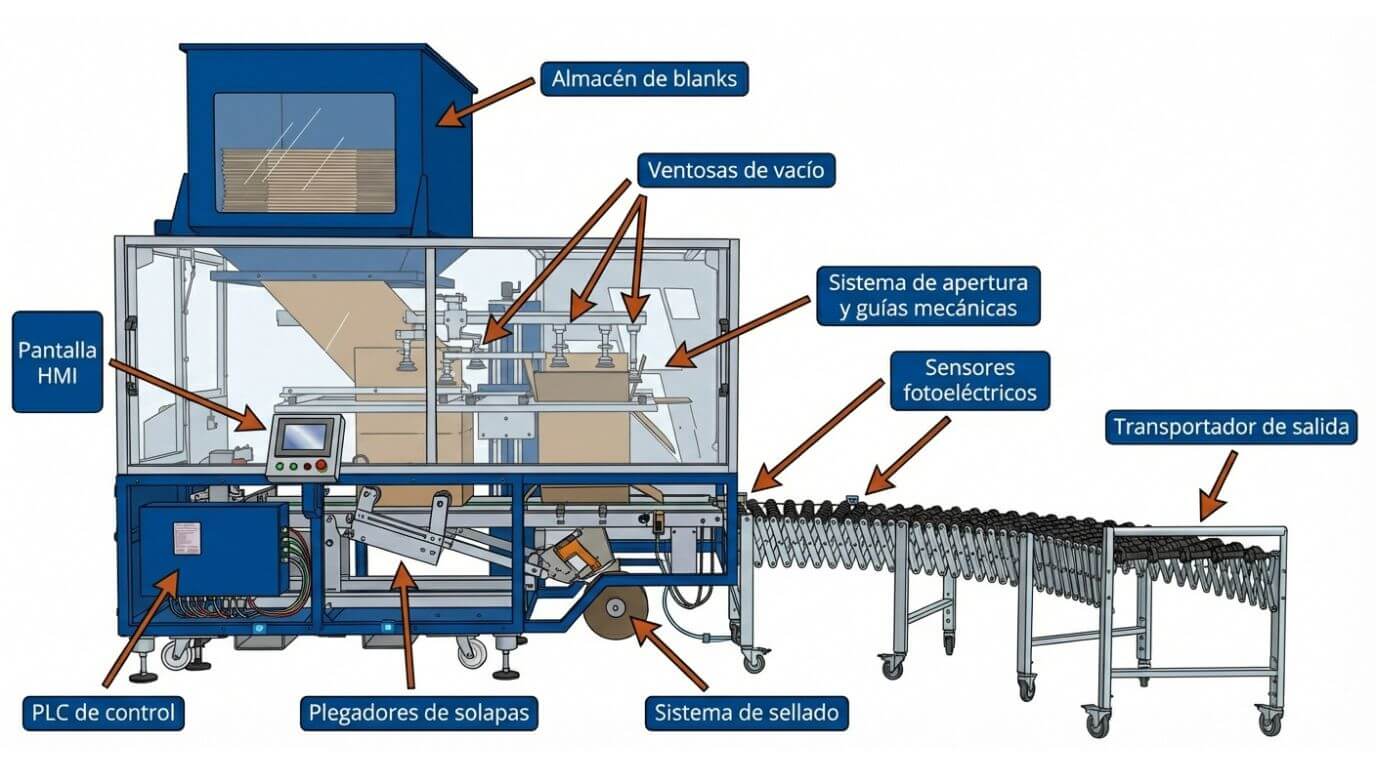 components that make up an automatic cardboard case erector machine
