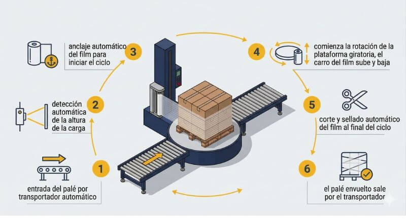 ciclo de funcionamiento de una envolvedora automatica para palets