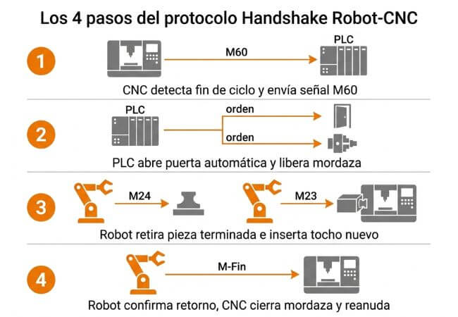Diagrama de los 4 pasos del protocolo Handshake entre robot alimentador y torno CNC